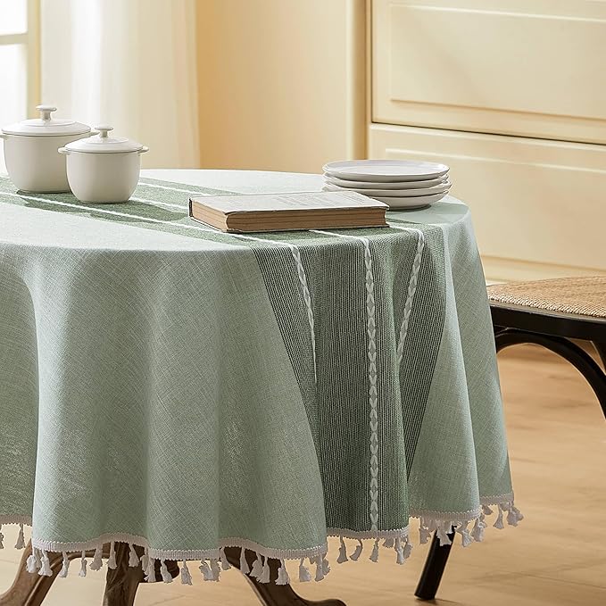 ZeeMart Contrast Linen Round Tablecloth 52 Inch Green, Farmhouse Style Round Table Cloth Heavy Weight Sage Green Tablecloths, Water Resistant Burlap Table Cloths