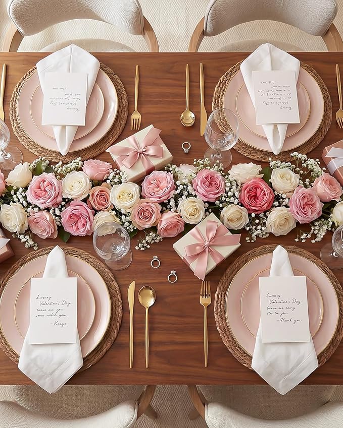 PULOTE 100PCS Pink Plastic Plates - Heavy Duty Pink and Gold Disposable for Party, Wedding, Valentines & Galentines Day, Include 50 Each (Dinner & Dessert) Plates