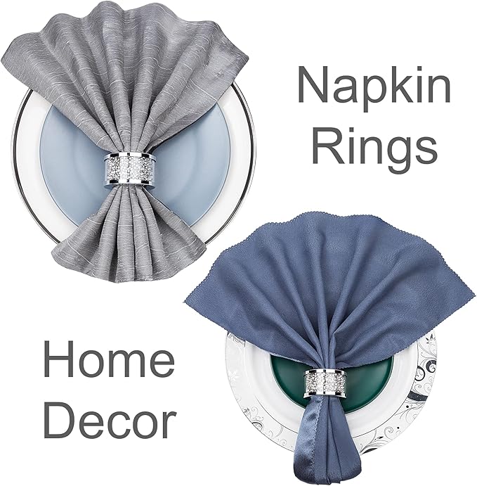 SHYFOY Silver Diamond Napkin Ring Glass Framed, Crystal Dinning Cloth Rings Set of 4 Piece, Glam Serviette Buckle Cloth Holder Sparkle Bling Crushed Diamond Table Decor Accessories