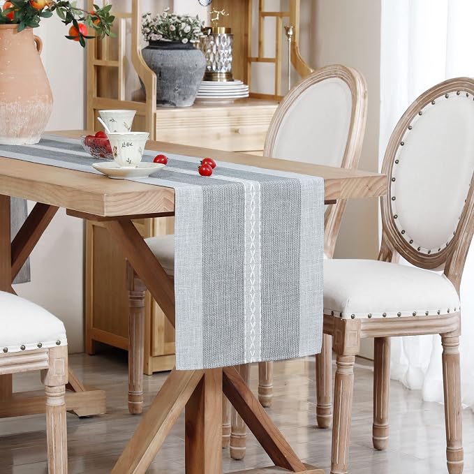 NEWISHER Farmhouse Braided Striped Embroidery Table Runner 48 inches Grey | - Image 9