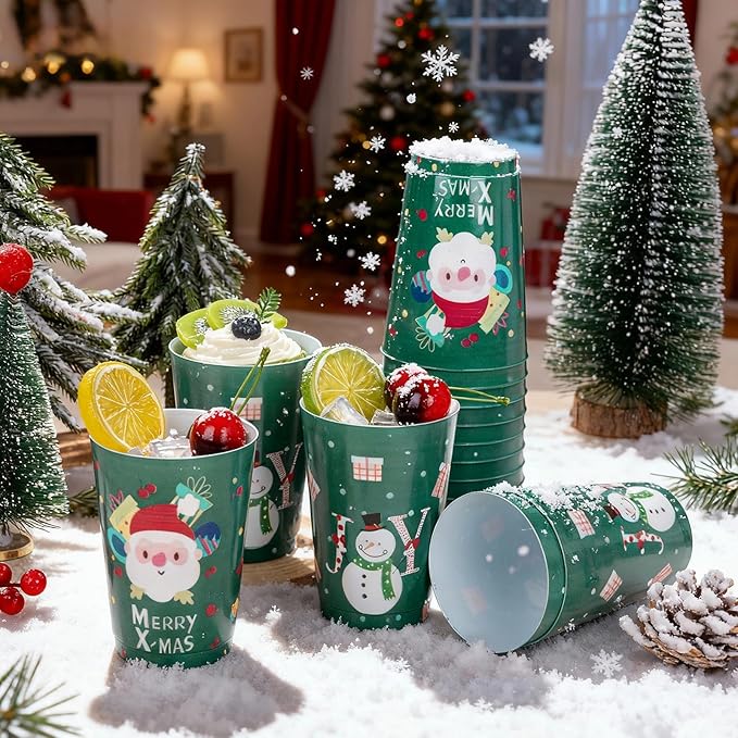 I00000 50Pcs 12oz Snowman Pattern Design Christmas Plastic Cups, Premium Disposable Cups, Green Xmas Party Cup with Santa Claus Pattern Design, Perfect for Christmas Party