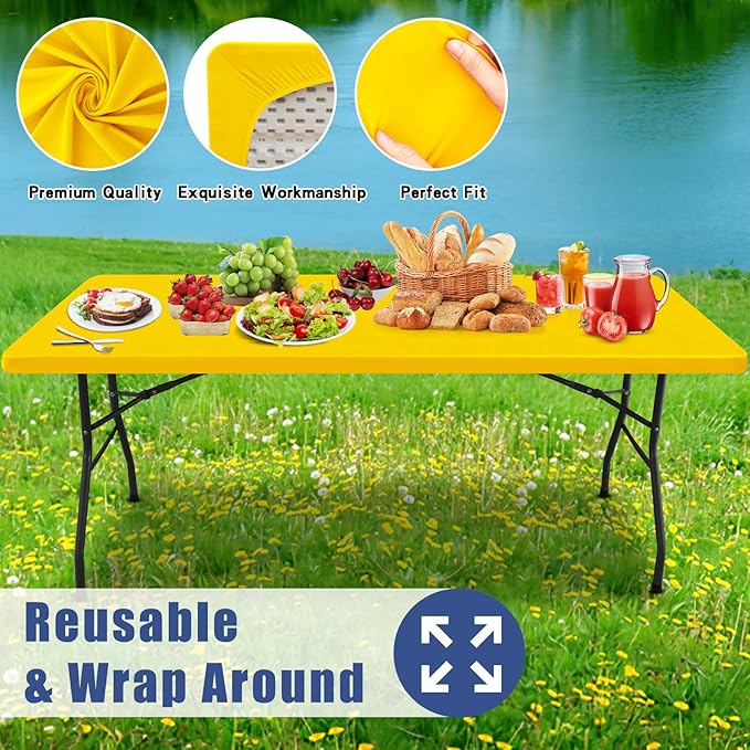 Spandex 4 Foot Rectangle Table Cloth 2 Pack, Elastic Fitted Tablecloths for Picnic, Stretch Washable Patio Table Cover for Outdoor, Camping, Banquet and Parties (Yellow, 30"x48")