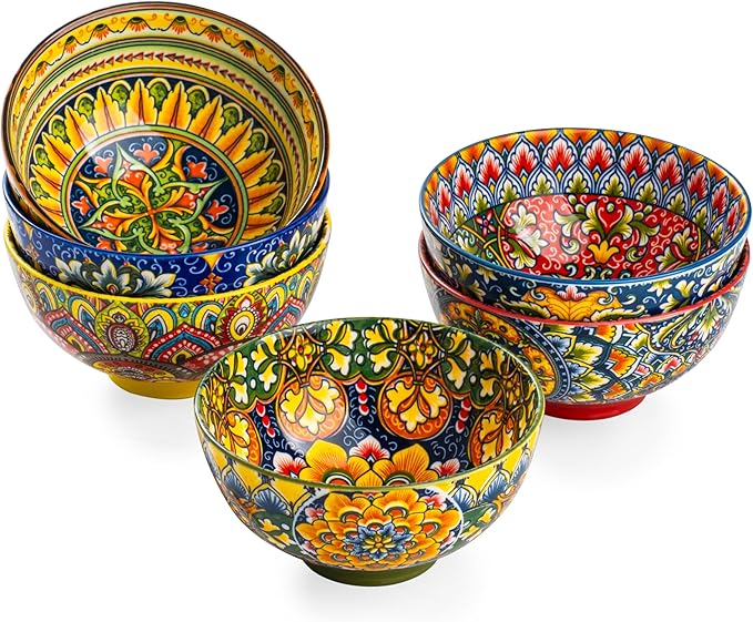 Henten Home Ceramic Dessert Bowls Set of 6, Bohemia 10 oz Snack Serving Bowl, Porcelain Colorful Bowls for Snack, Soup, Ice Cream, Decorative, Microwave & Dishwasher Safe