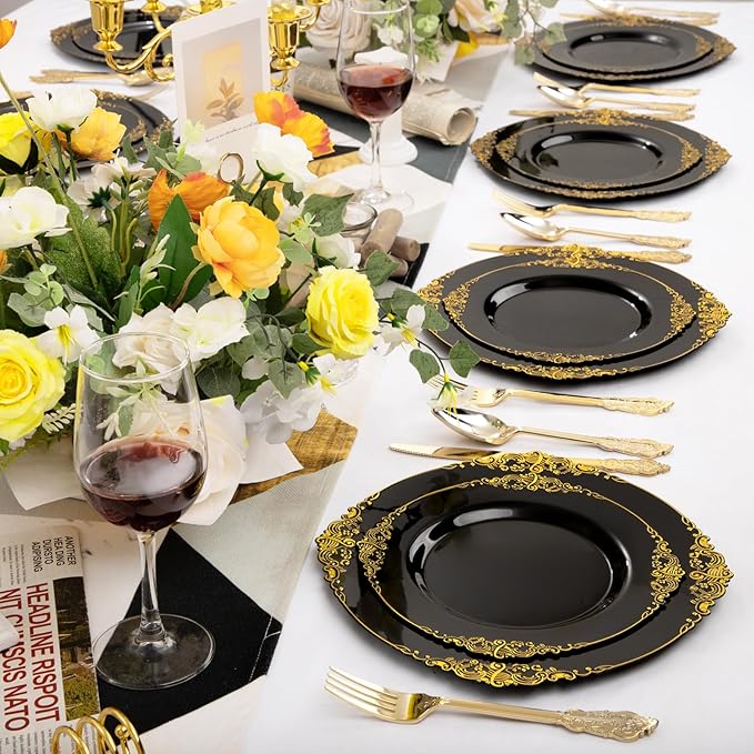 102PCS Black and Gold Plastic Plates - Black Disposable Plates - Heavyweight Disposable Plate with Gold Rim - Fancy Dinner & Dessert Plate for 51 Guests Weddings & Party