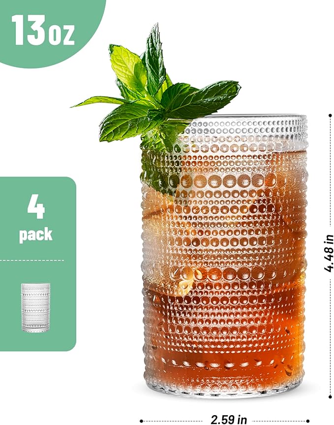 Vintage Hobnail Drinking Glasses Set of 4 – 13 oz Clear Highball Glass Cups – Embossed Textured Glassware with Anti-Slip Grip for Water, Juice, Cocktails – Thick Glass, Dishwasher Safe