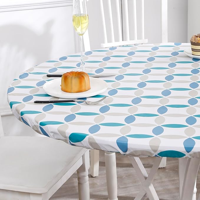 Walrus Round Vinyl Fitted Tablecloth with Flannel Backing Elastic Edge Design Table Cover Waterproof Oil-Proof PVC Table Cloth Stain-Resistant Best for 57"-66" Round