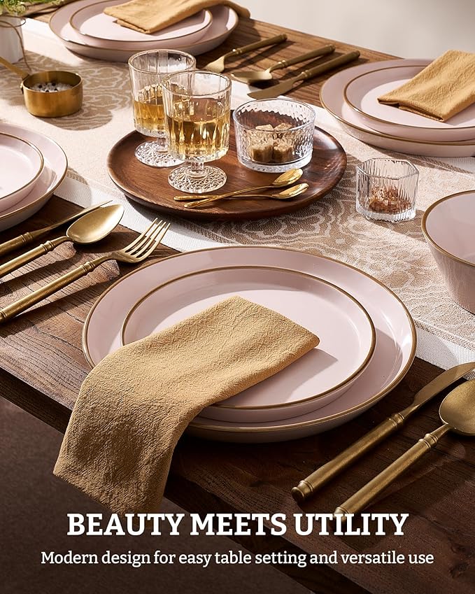 Famiware Saturn Plates and Bowls Dish Sets for 6 (18 Pieces), Stoneware Dinnerware Set with Hand-Painted Trim - Chip & Scratch Resistant, Microwave & Dishwasher Safe Ceramic Dishes, Light Pink