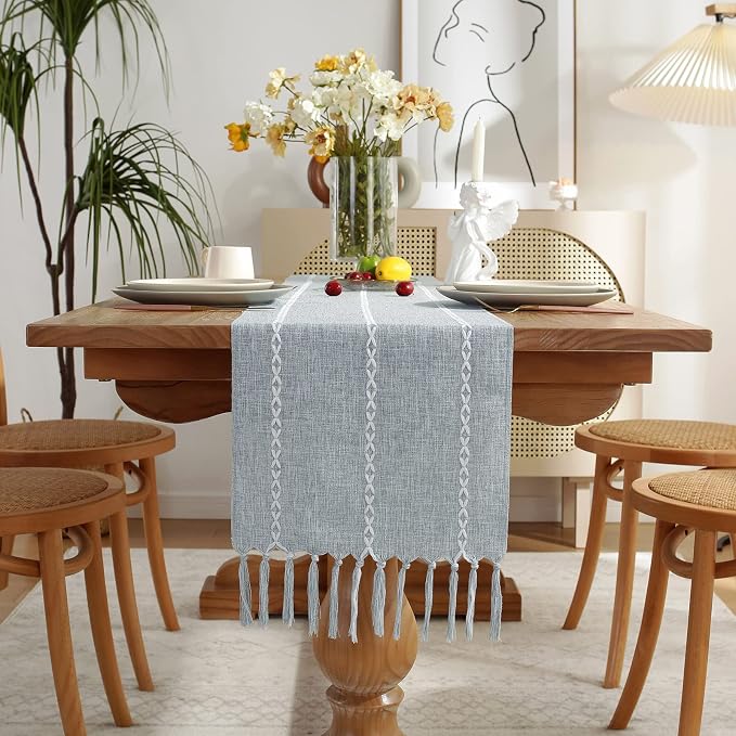 Wracra Rustic Linen Table Runner, Dusty Blue Table Runners 60 inches Long | - Image 7