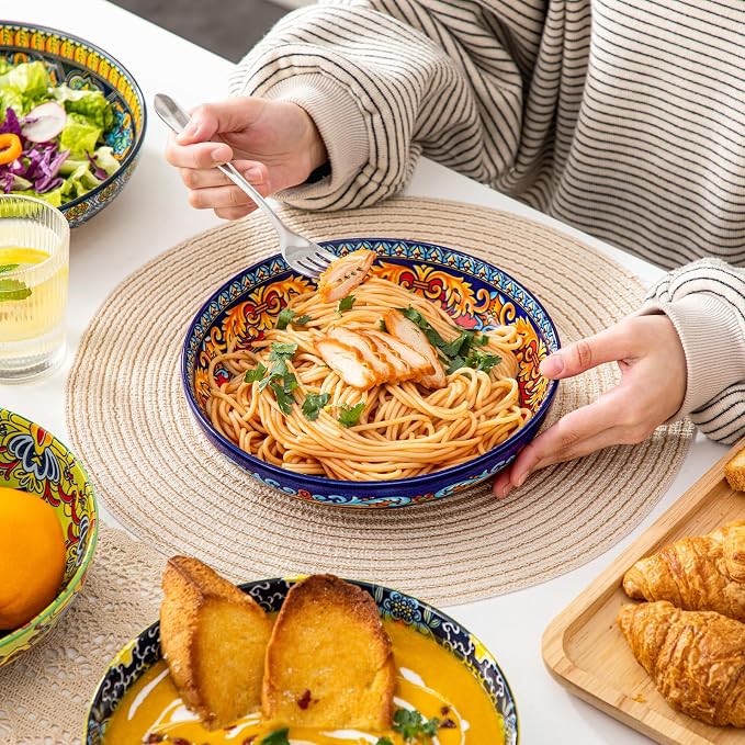 vancasso Pasta Bowls Set of 4, 42oz Ceramic Salad Serving Bowls, Bohemian | - Image 6