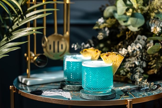 Vintage Flamingo Lowball Cocktail Glasses for Drinking Gin, Rum, Vodka, Whiskey Bar Drinks | Set of 4 | 11 oz Stackable Thick Crystal Short Tumblers | Tropical Glassware Collection