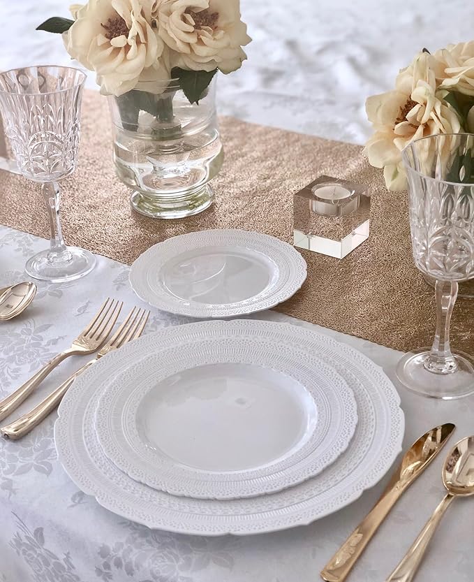 " OCCASIONS " 200pcs set (25 Guests)-Extra Heavyweight Vintage Wedding Disposable/Reusable Plastic Plates (25 x 11'' + 25 x 8.25'')+Silverware+12oz Cups+Napkins (Chateau Collection White)