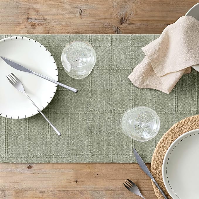 Linen Checked Farmhouse Table Runner, 13x72 Inches Seeding Green | Raised Grid - Image 7
