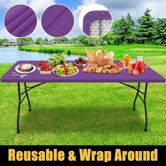 Smiry Rectangle Picnic Table Cloth, Waterproof Elastic Fitted Tablecloths for 6 Foot Tables, Washable Polyester Table Cover for Camping, Indoor and Outdoor (Purple, 30"x72")