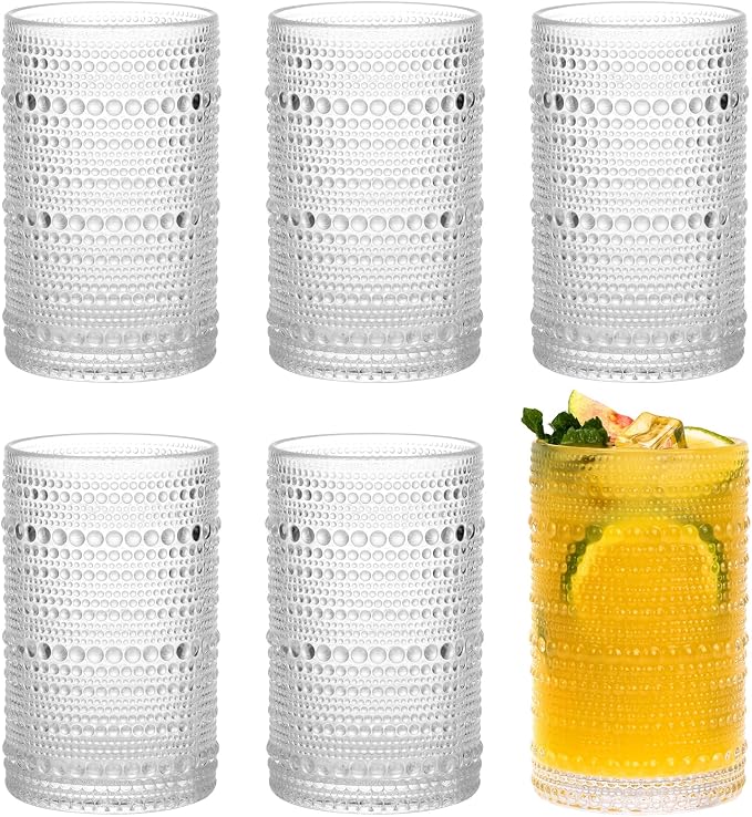 Moretoes Vintage Glassware, 12 Oz Hobnail Drinking Glasses Set of 6 | Clear by Moretoes