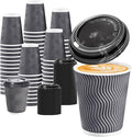100 Pack 10 oz Coffee Cups with Lids, Disposable Insulated Hot Cups To Go Paper Coffee Cups, Corrugated Ripple Wall Cup for Hot Drink, Office, Coffee Bar (Grey 10 oz)