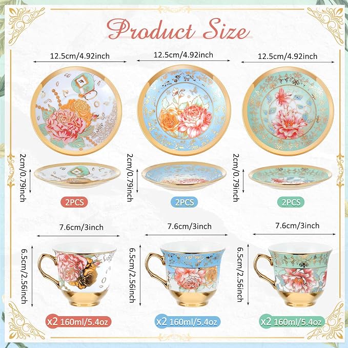 Teenyyou Set of 6 Tea Cups and Saucers Tea Party Decorations Floral Porcelain - Image 2