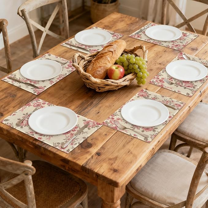 Colorful Floral Spring Plastic 12x18 Inch Placemats Set of 6 - Waterproof, Non-Slip & Washable Watercolor Flowers Table Mats for Kitchen & Dining Table Placemats