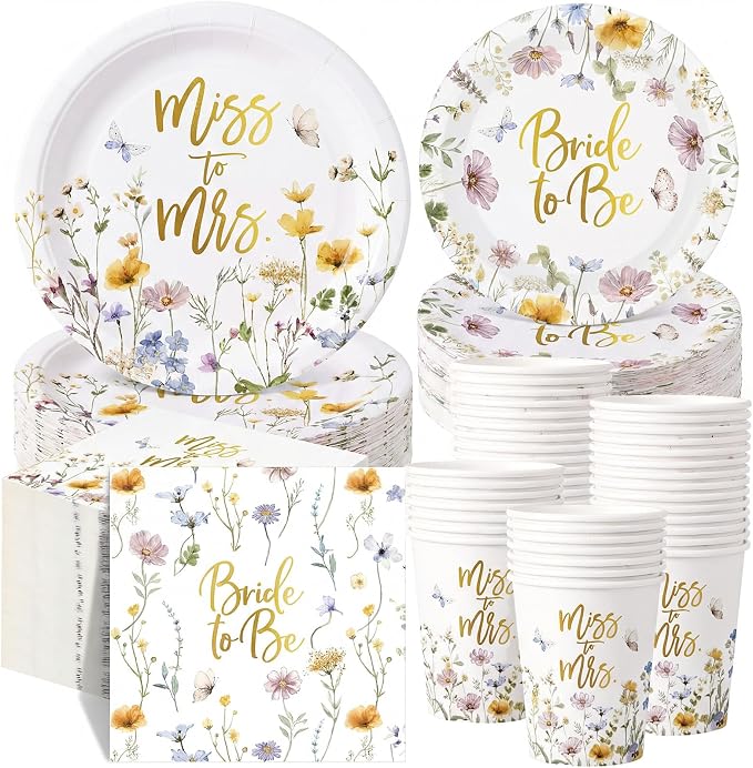 Pickmesh 250 Pcs Wildflower Bridal Shower Decorations Floral Miss to Mrs Plates by Pickmesh