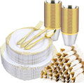 350 PCS White and Gold Plastic Plates, Plastic Dinnerware Set for 50 Guests, 100 Disposable Plates, 150 Silverwares, 50 Cups, 50 Napkins for Party, Wedding, Graduation