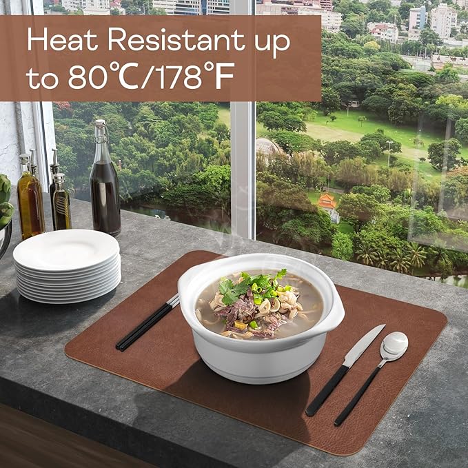 AAPLKER Faux Leather Placemats Set of 6, Vinyl Placemats Wipeable Waterproof Oil-Proof Table Mats, Heat Resistant Place Mats, Table Mats for Kitchen Indoor Outdoor, 15.8 x 11.8 inches (Brown)
