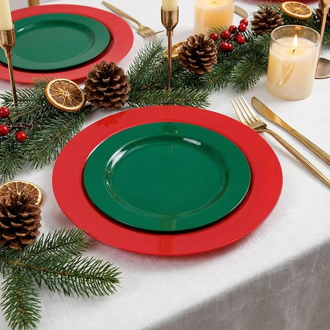 Rubtlamp 60 Pcs Plastic Christmas Plates, Heavy Duty Plastic Plates, Red Green Disposable Plate, 30 Red Dinner Plate And 30 Green Dessert Platos for Chrismas Party, Gatherings, Celebrations