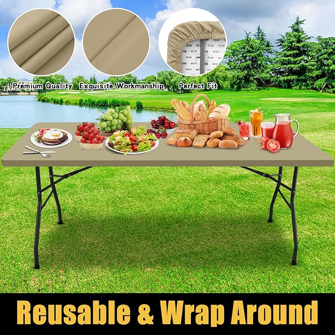 Smiry Rectangle Picnic Table Cloth, Waterproof Elastic Fitted Tablecloths for 6 Foot Tables, Washable Polyester Table Cover for Camping, Indoor and Outdoor (Taupe, 30"x72")