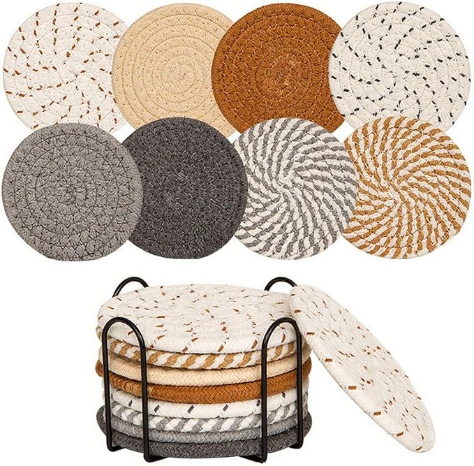 8 Pcs Drink Coasters with Holder, Handwoven Cotton Coasters Set Stackable Absorbent Minimalist Home Decor for Table, Cup, Mug (Mix 8)