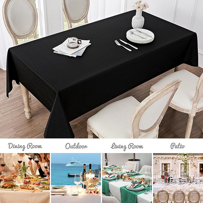 2 Pack Rectangle Tablecloth, 52x70 inch, Water Resistant Wrinkle Free Linen Textured Table Cloth Washable, Decorative Fabric Table Cover for Dining, Party and Camping, Black