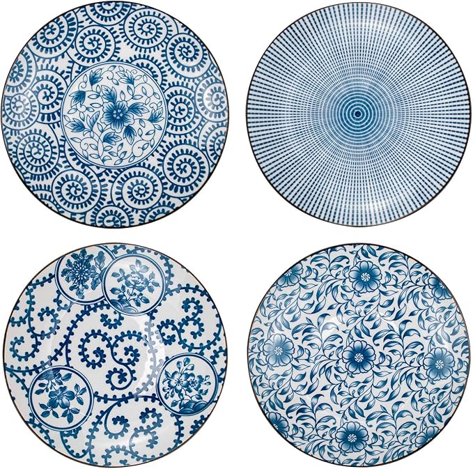 Foraineam Set of 4 Blue and White Porcelain Serving Plates Floral Dinner by Foraineam