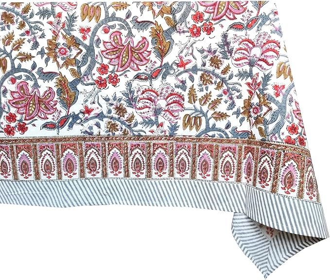 ATOSII Eden 100% Cotton Tablecloth, Handblock Floral Print Rectangle Linen for Kitchen Dining I Parties Wedding Christmas Thanksgiving Outdoors I Spring Summer 60 X 90 Inches I 6 Seater Table