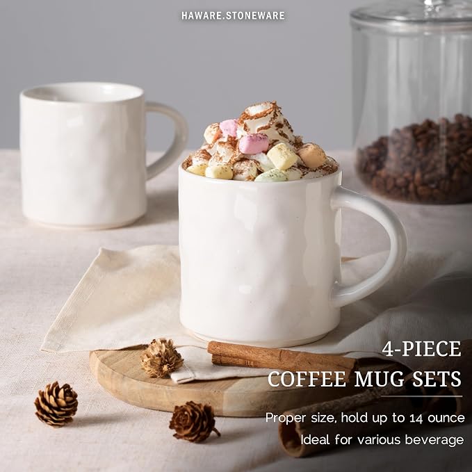 HaWare Coffee Mugs Set of 4, 14 Ounce, Speckled White | Stoneware Latte Mugs - Image 3