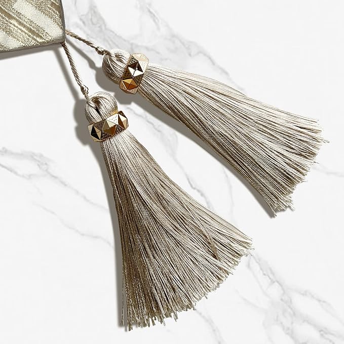 Luxury Beige Table Runner 72 Inches Long, Modern Geometric, Elegant Tassels | - Image 4