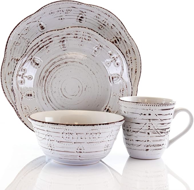 Elama Rustic Birch 16 Piece Embossed Scalloped Stoneware Round Dinnerware Set - Image 2