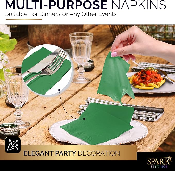 100 Pack Green Beverage Napkins, Big Party Pack, 2 Ply, Ideal for Wedding, Party, Birthday, Dinner, Lunch, Cocktails. (5” x 5”) by Amcrate