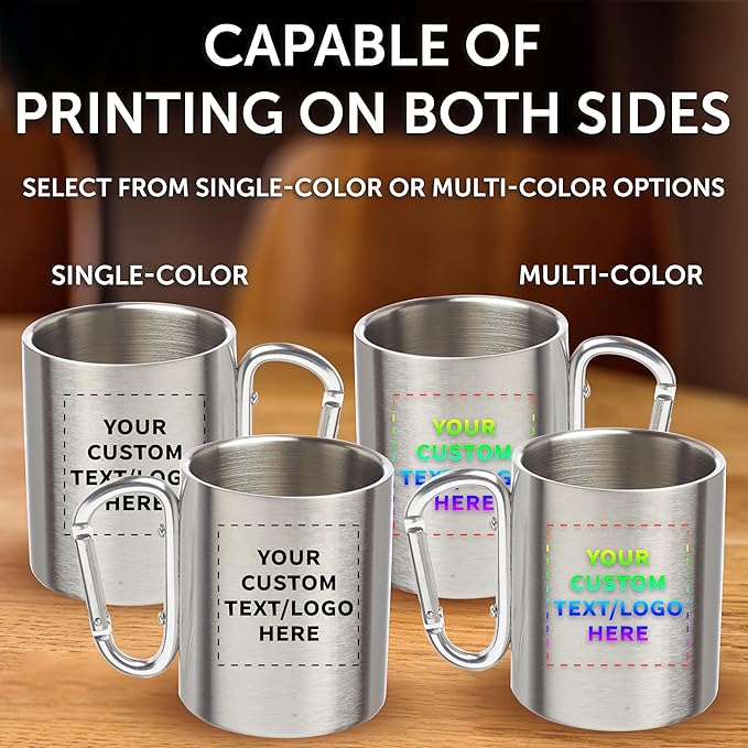 Custom Stainless Steel Mugs with Carabiner Handle 10 oz. Set of 10, Personalized Bulk Pack - Perfect for Coffee, Soda, Other Hot & Cold Beverages - Silver