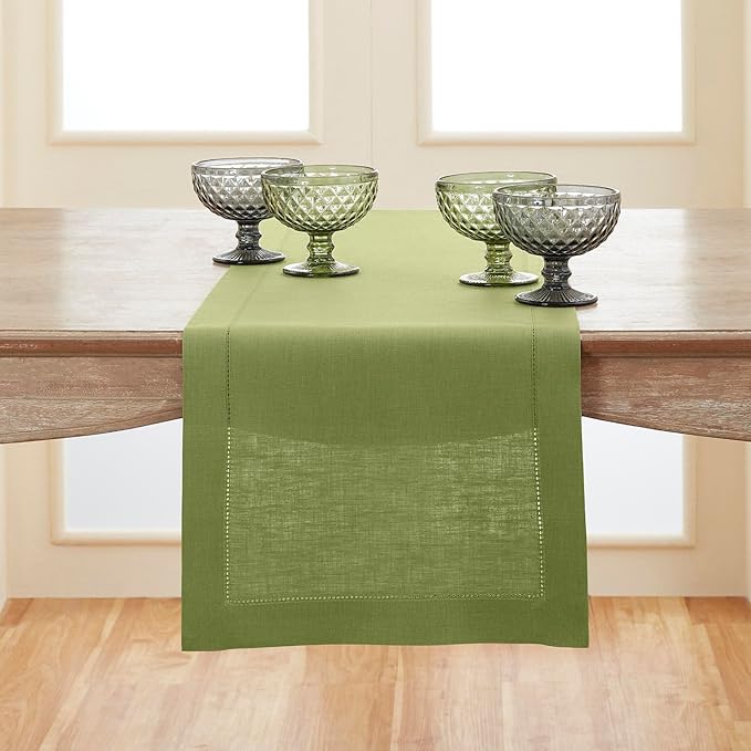 Solino Home Linen Moss Green Table Runner 132 Inches Long - 100% Pure Linen Extra Long Table Runner 14 x 132 Inch for Spring, Easter, St Patricks Day - Classic Hemstitch