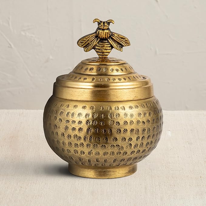 Round Hammered Metal Container with Bee Finial, Brass Finish