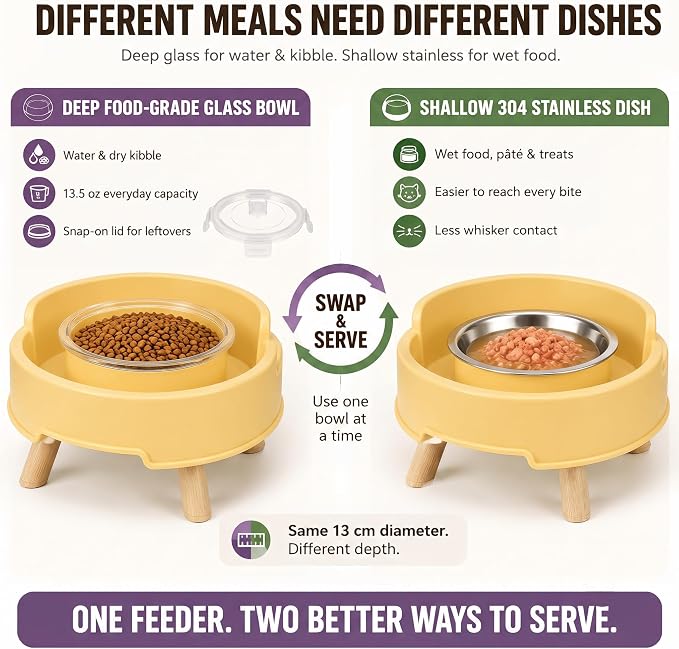 Anti-Ant Raised Cat Bowls with Lid, 1 Glass Water Bowl+1 Shallow Dish | Raised - Image 5