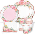 Whaline Floral Tableware Set Pink Flower Rose Gold Foil Disposable Party by Whaline