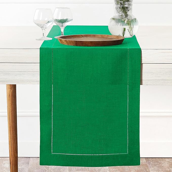 D'Moksha Homes Linen Kelly Green Table Runner 48 Inches - Classic Hemstitch, 100% Pure Linen Coffee Table Runner 14 x 48 Inch Ideal for Dresser Tables - St Patricks Day, Easter
