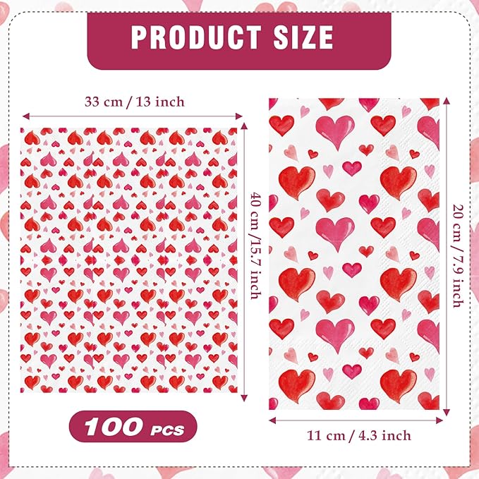 Valentine' s Day Paper Napkins - 100 Pcs Red Heart Decorative Dinner Napkin Sets Disposable, Cocktail Luncheon Party Decorations Supplies for Guest Engagement Anniversary Wedding 7.9 x 4.3 In