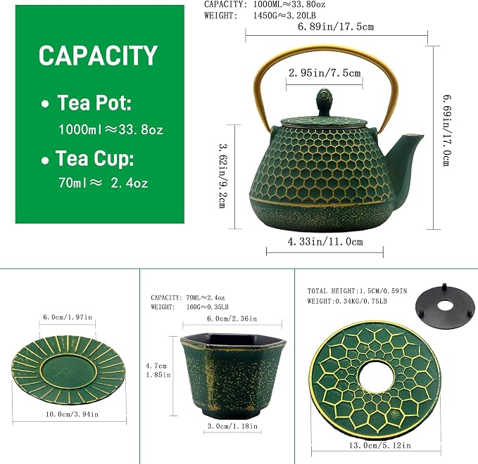 YJX Cast Iron Teapot and Tea Cups Set, 33.8oz Hexagon Pattern Tea Set - Image 5