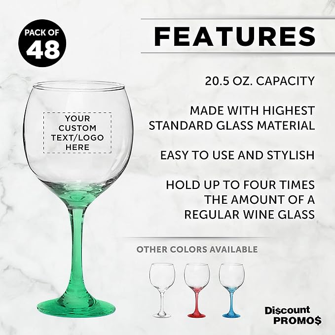 Custom Premiere Wedding Wine Glasses 20.5 oz Set of 48, Personalized Bulk Pack - Restaurant Glassware, Perfect for Red Wine or White Wine - Green