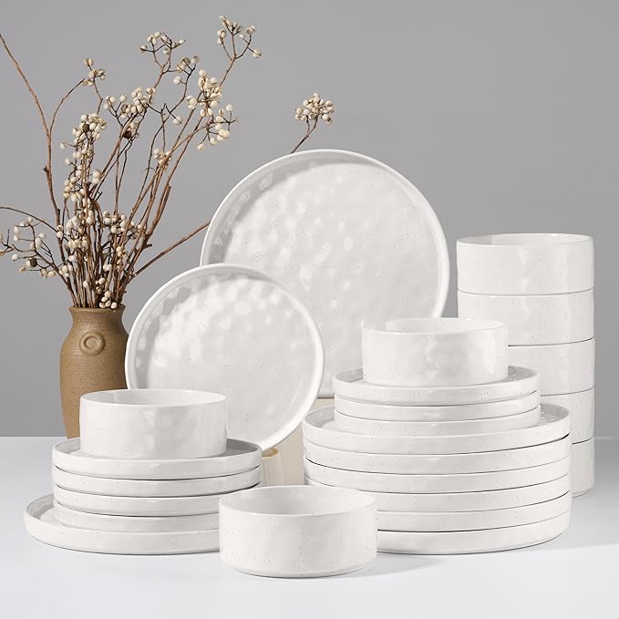HaWare Dinnerware Sets, 24-Piece Plates and Bowls Set, Speckled White | by HaWare