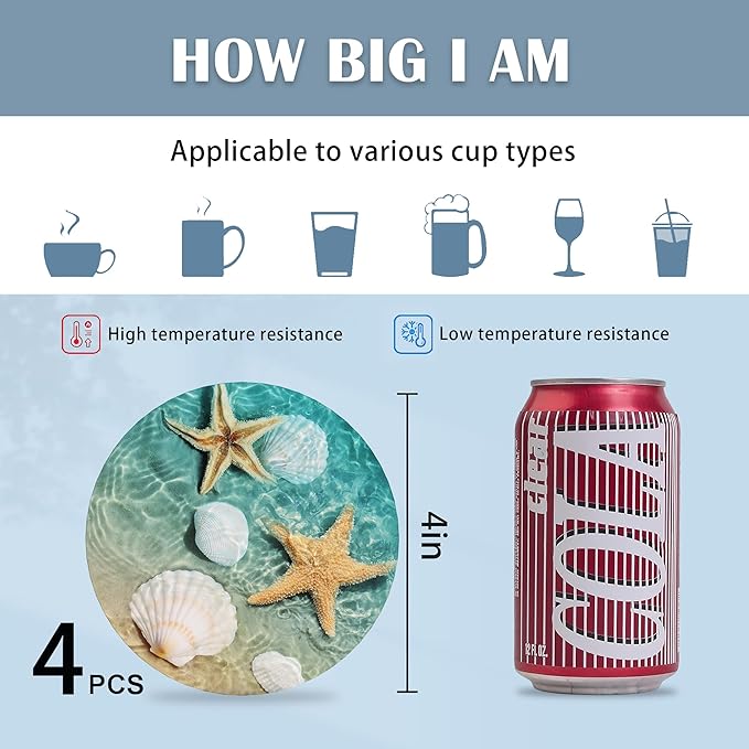 Coasters for Drinks,Starfish and Seashell On Beach Absorbent Coaster Set of 4 with Cork Base,Ceramic Drink Coasters for Cold Drinks Wine Glasses Cups Mugs,Housewarming Gifts for Home Decor