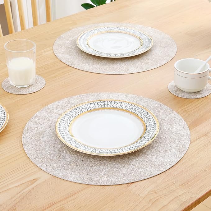 Homaxy Round Faux Leather Placemats and Coasters, Washable Dual-Side Table Mats, Wipeable Heat-Resistant Dining Place Mats for Outdoor and Indoor, Set of 8, Diameter 13 and 3.93 inch, Beige