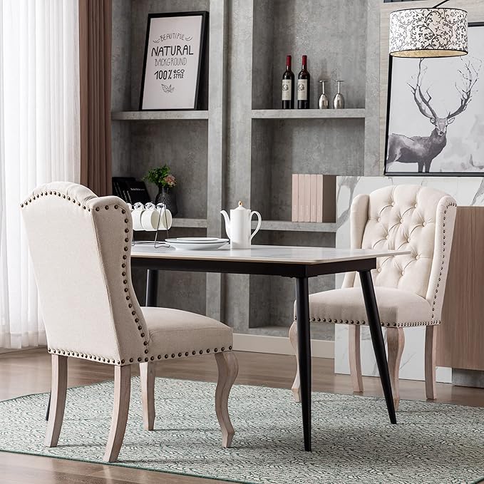 Parsons Dining Chairs Set of 2 Farmhouse Solid Wood Accent Chairs Linen Fabric Host Side Kitchen Chair with Tufted Wingback for Dining Room/Living Room/Bedroom,Cream