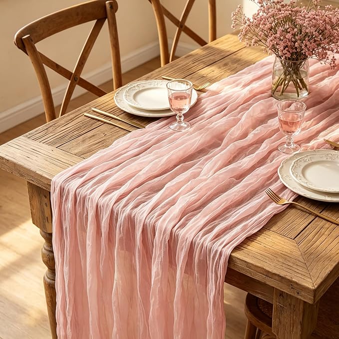 3Pcs Pink Cheesecloth Table Runner, 10FT Dusty Pink Boho Gauze Table Runner - Image 5