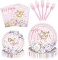 Gistome 96 Pieces Mother’s Day Floral Tableware Set – Pink Scalloped Disposable by GistomeHome