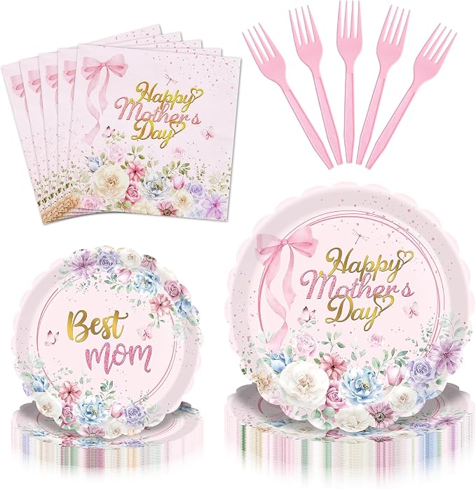 Gistome 96 Pieces Mother’s Day Floral Tableware Set – Pink Scalloped Disposable by GistomeHome